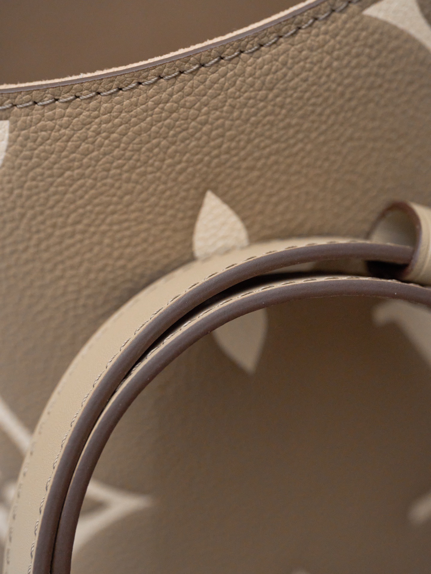 Close-up of the leather and strap detail on the Louis Vuitton All In BB