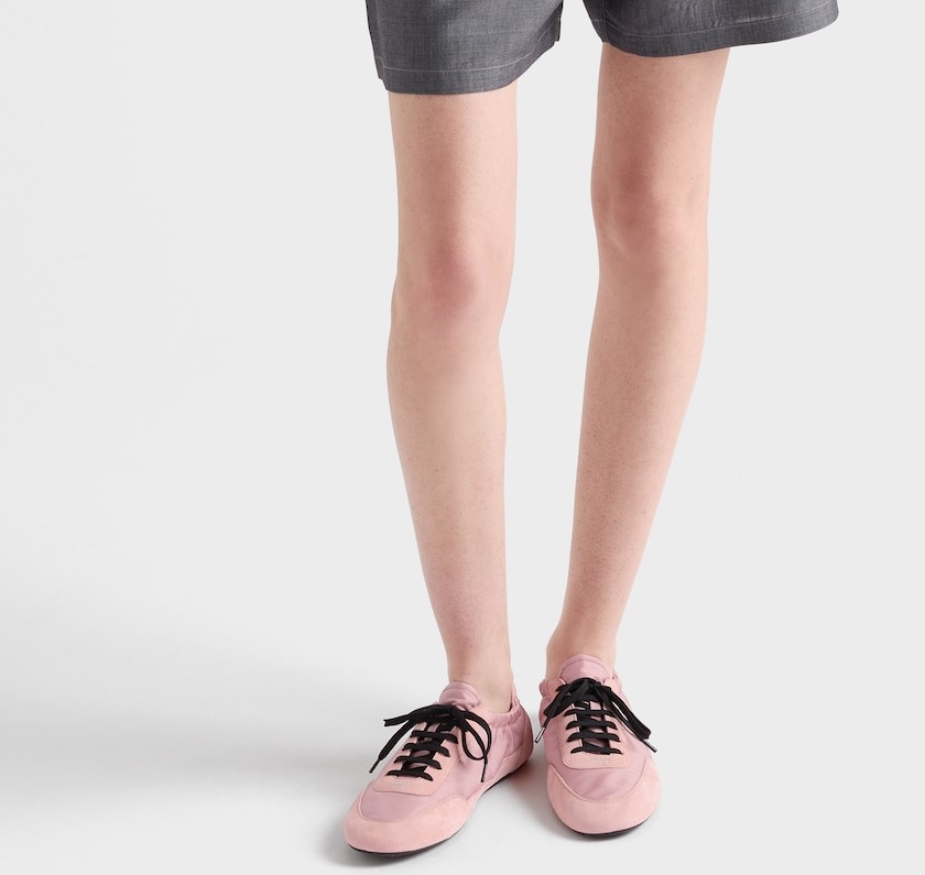 Prada Collapse Re-Nylon and suede sneakers model close view
