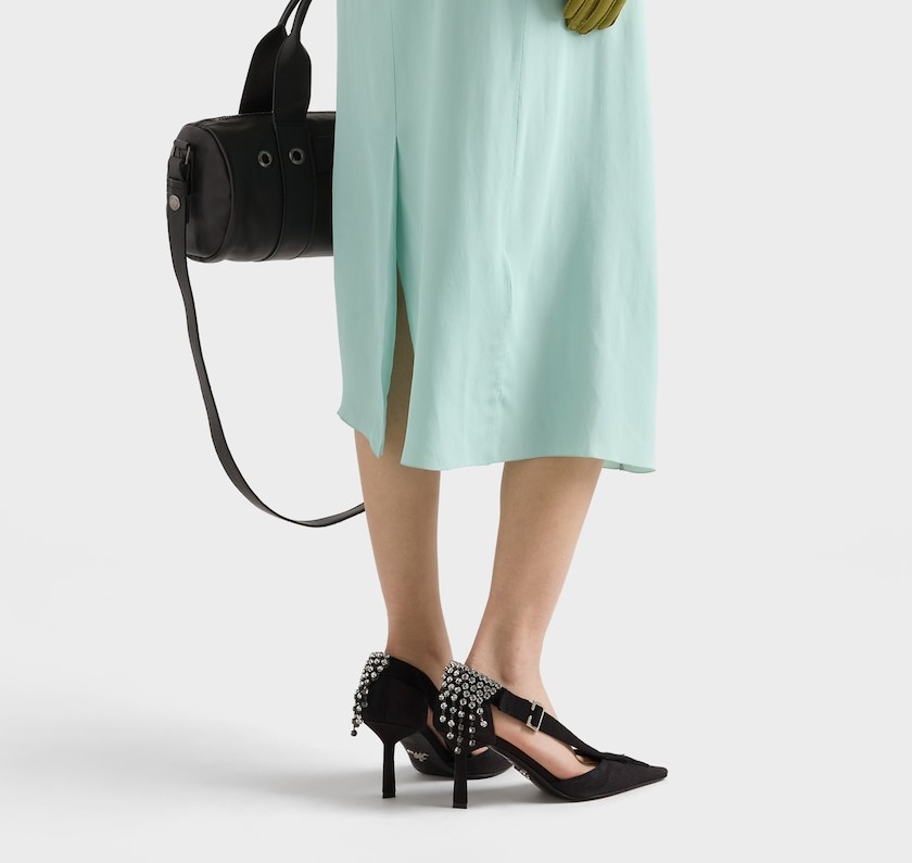 Prada canvas pumps with crystals model close view