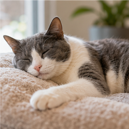A healthy relaxed pet with a thoughtful caregiver