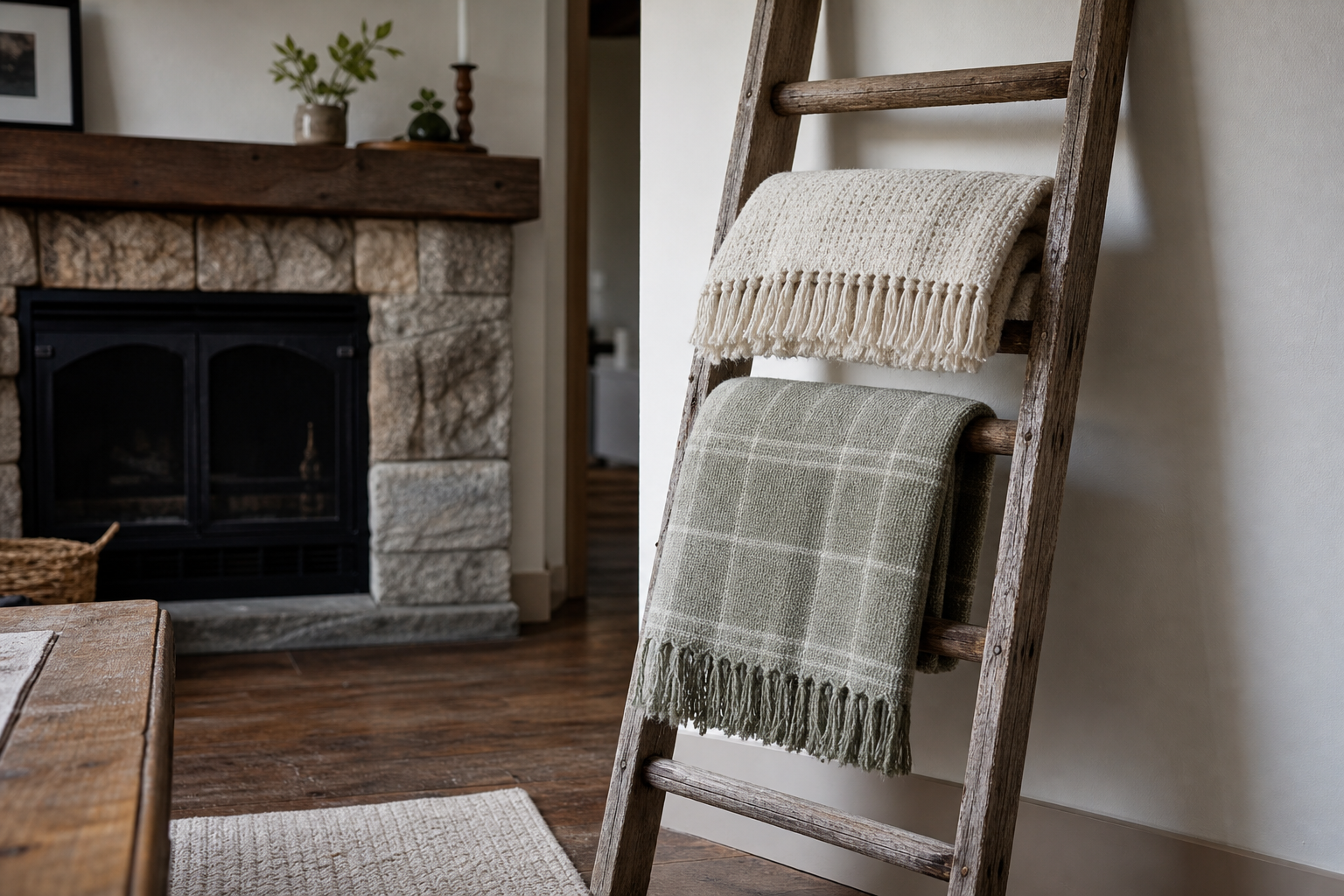 Salvaged Ladder Blanket Rack