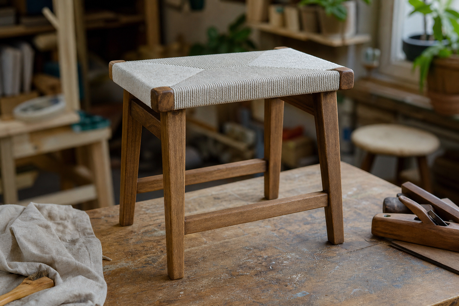 Repaired Stool With Woven Top