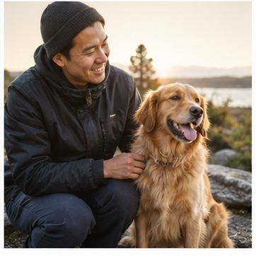 A healthy relaxed pet with a thoughtful caregiver
