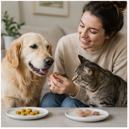 A healthy relaxed pet with a thoughtful caregiver