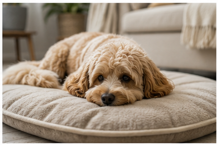 A healthy relaxed pet with a thoughtful caregiver