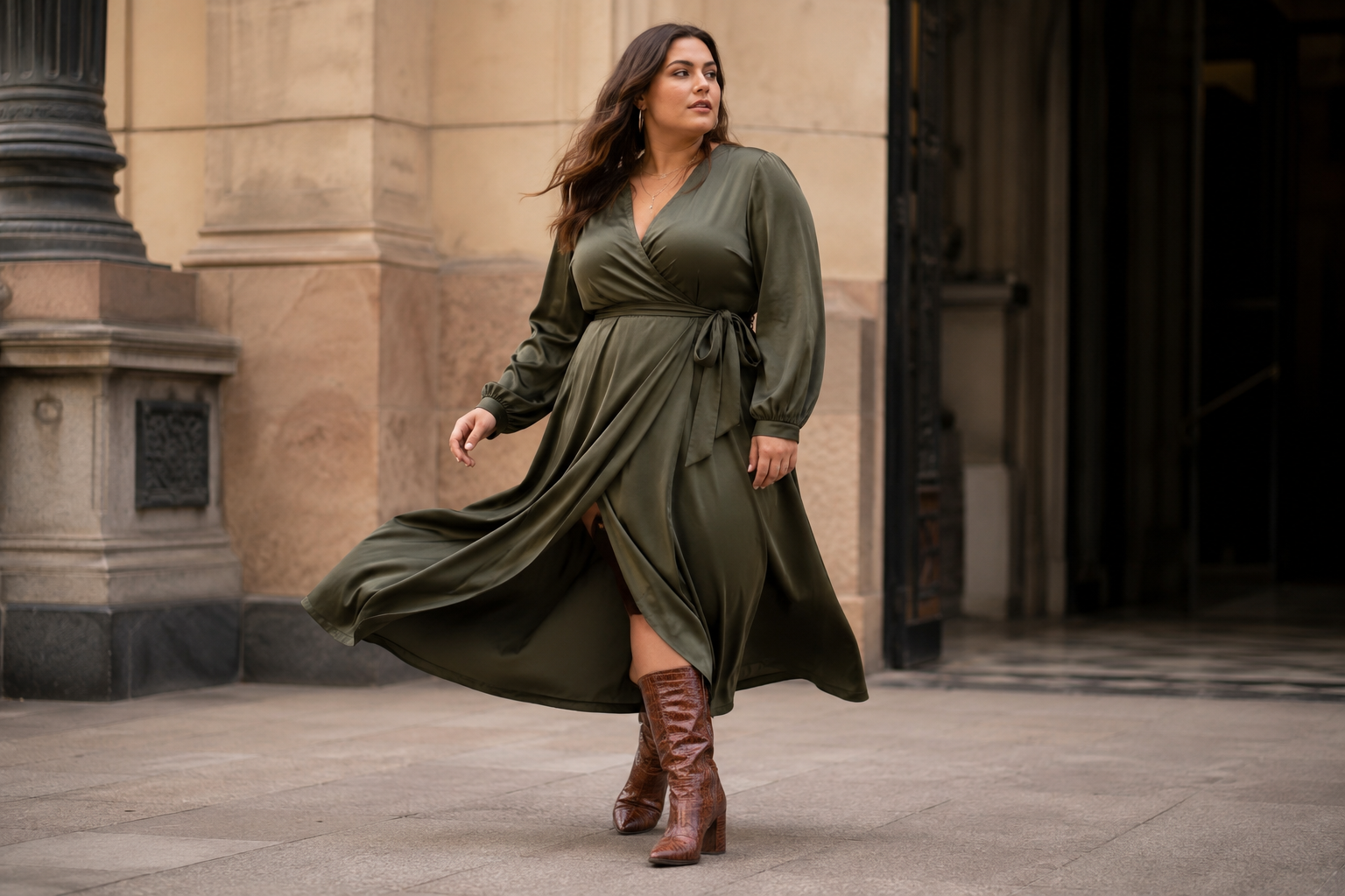 A Wrap-Style Midi Dress With Statement Boots