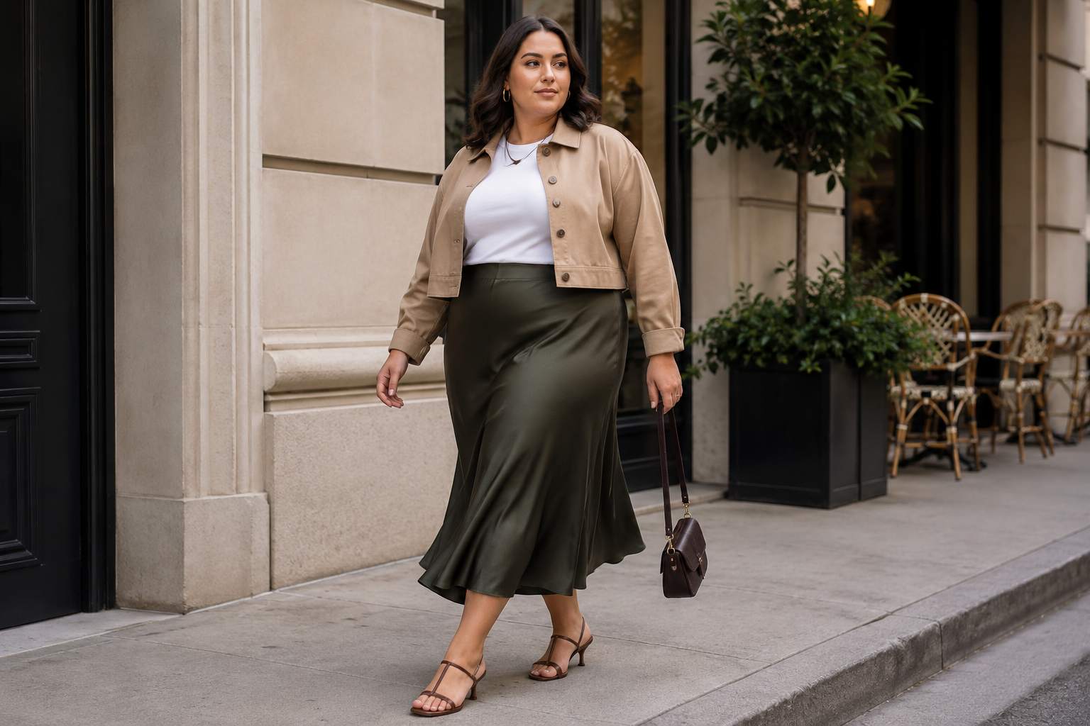 A Fluid Midi Skirt With a Tucked Tee and Cropped Jacket