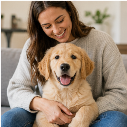 A healthy relaxed pet with a thoughtful caregiver