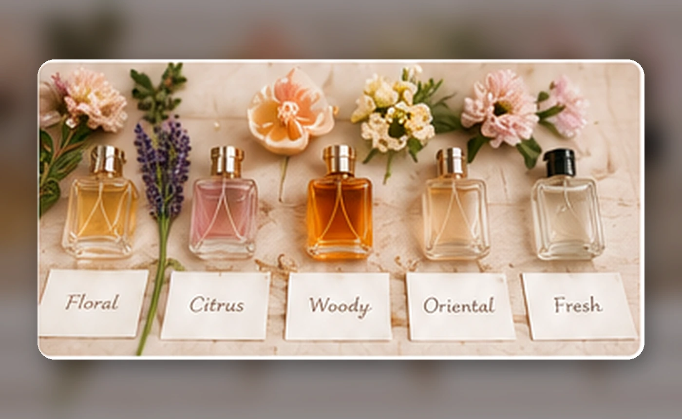 A row of perfume bottles representing several fragrance families