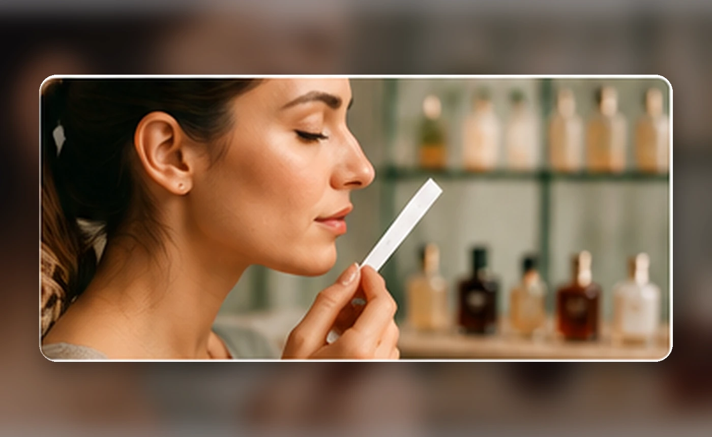 A woman evaluating a fragrance strip beside perfume bottles