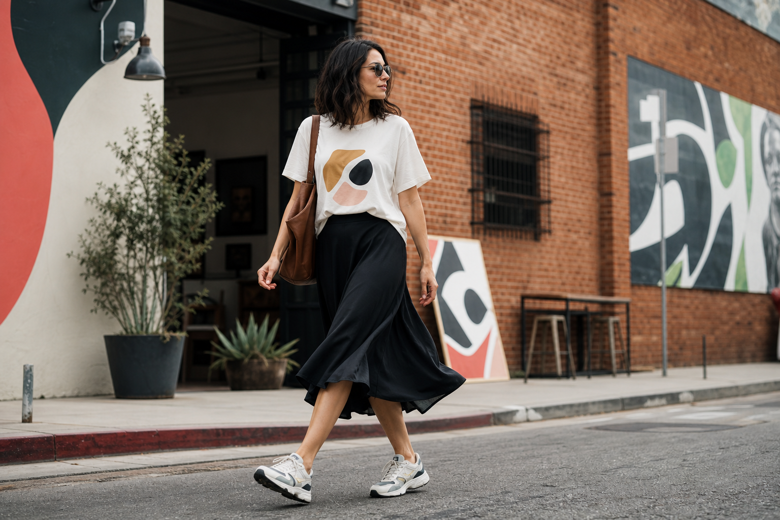 Graphic Tee, Fluid Midi Skirt, and Sporty Shoes